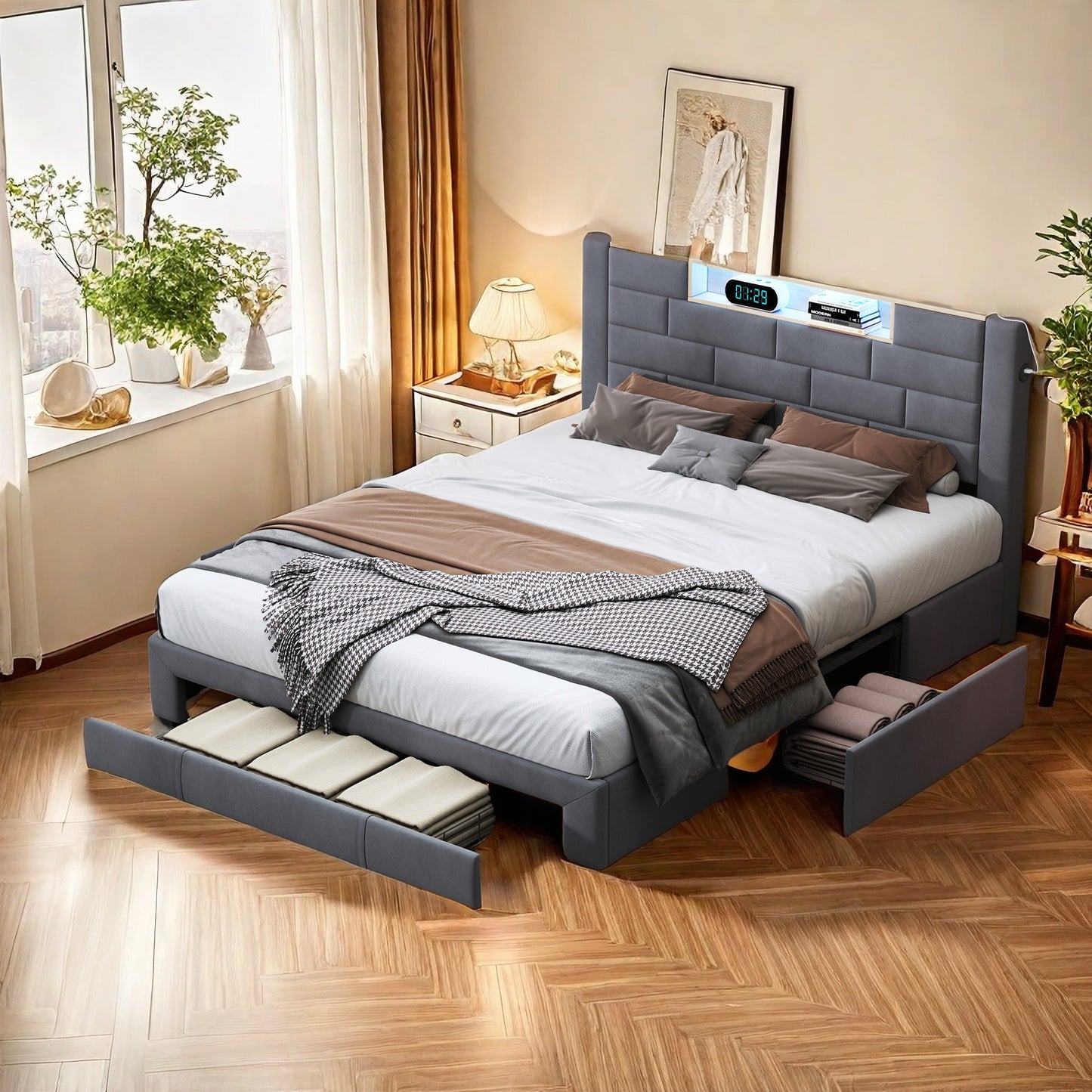 Tweepersoonsbed – Bedframe – Opbergbed – Led Bed – Bed Met Lade – Opslagruimte – USB Oplaadpoort – Fluwelen Metalen Frame