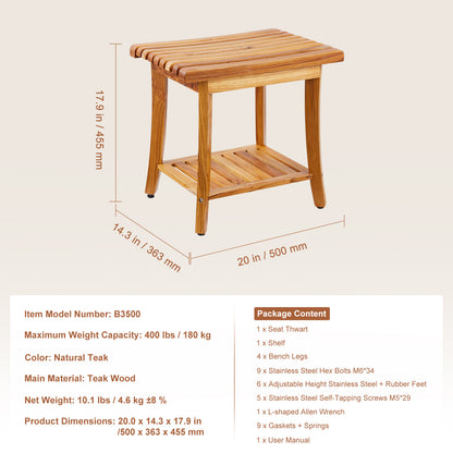Douchebank – Douchezitje – Douchestoel – Badkamerkruk – Teak Houten Zitje – 20 x 14,3 x 17,9 Inch – 100% Massief Teakhout – Max Draagkracht 180 kg