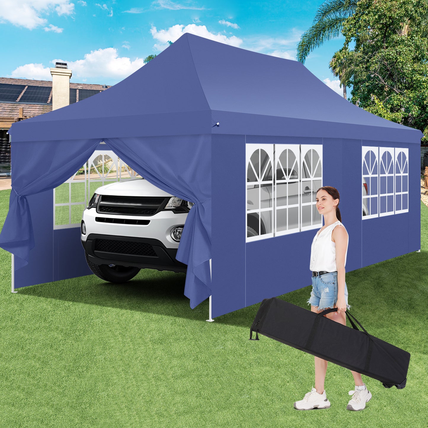 Feesttent – Partytent – Paviljoen – Tuinent – Vouwtent – Donkerblauw – 3x6 m – Inclusief 6 Zijwanden – Eenvoudig Op te Zetten - Donkerblauw