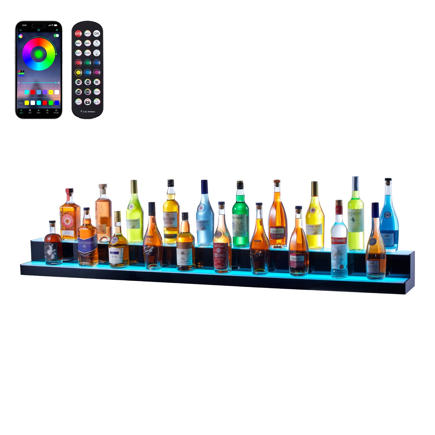 Verlichte Flesdisplay – LED Flessenrek – Acryl Barrek – Bar Display – Drankrek – 182,8 cm – Afstandsbediening – USB & Stopcontact