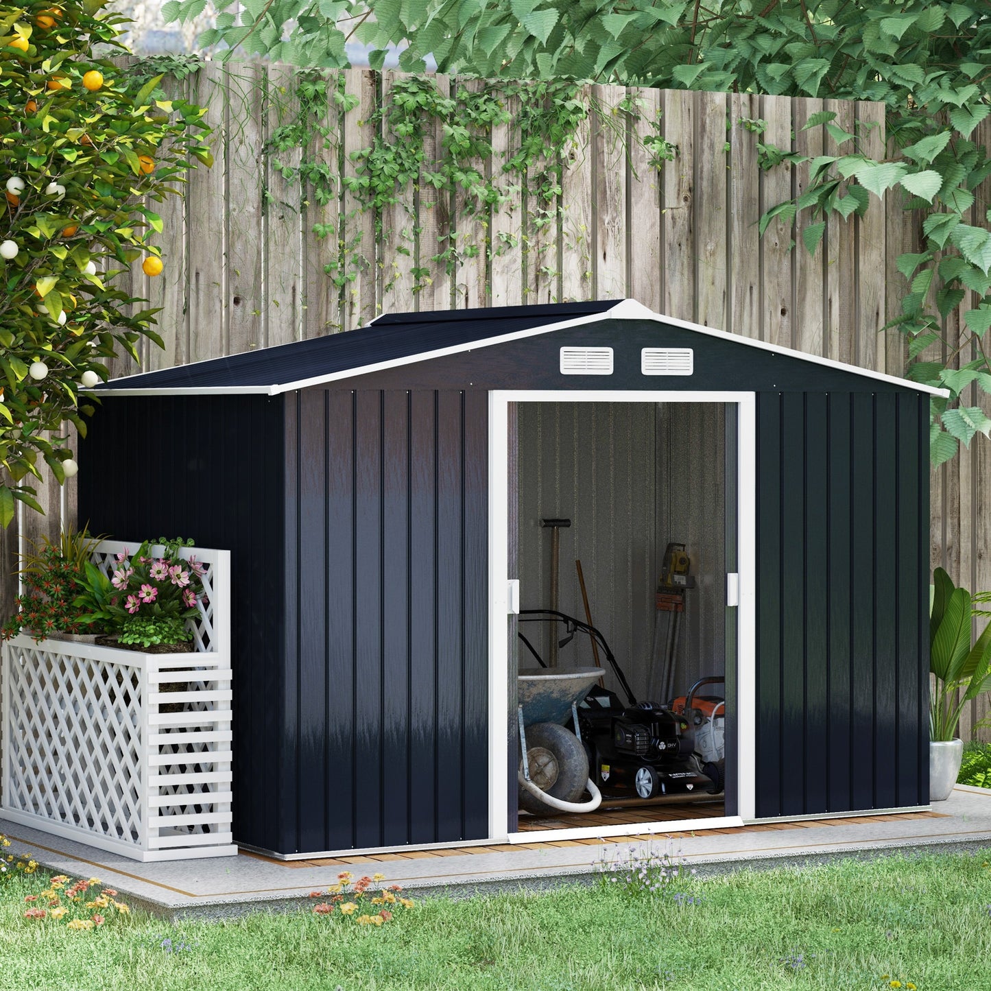 Tuinberging – Tuinhuisje – Tuinschuur – Opbergkast – Berging – Stalen Tuinkast Donkergrijs – 2,77 x 1,95 x 1,92 m – Ventilatie en Schuifdeuren