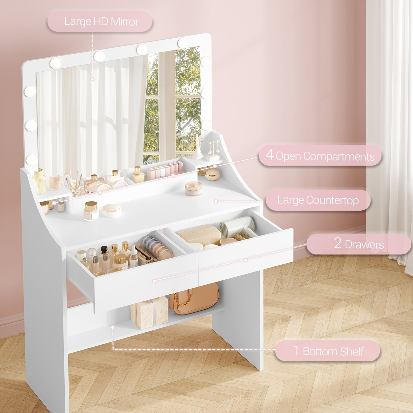 Kaptafel – Make-uptafel – Vanity – Schminktafel – Toilettafel – Wit – Grote Spiegel Met LED-verlichting – 3 Lades & Opbergruimtes