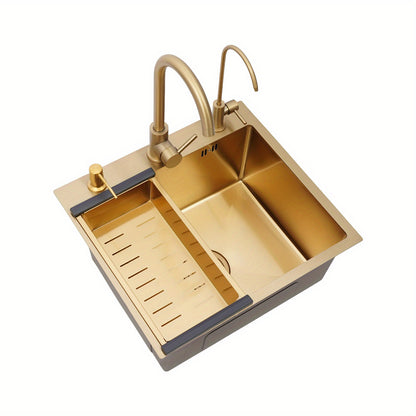 Gouden Keukenspoelbak – Spoelbak RVS – Keukenspoelbak Enkel – Ondermontage Spoelbak – Opbouwspoelbak – 50x45 cm Grootte – Anti-Corrosie Nano-Coating & Geluiddempend Matje