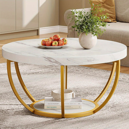 Salontafel – Koffietafel – Woonkamertafel – Bijzettafel – Tafel – Modern – Ronde 2-laags – Wit marmerlook MDF blad – Gouden metalen poten