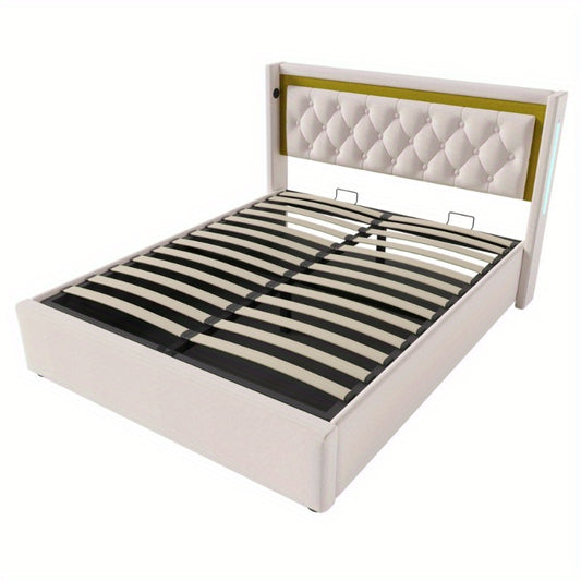 Tweepersoonsbed – Ledikant – Bedframe – Slaapbed – Opbergbed – Met Matras 140x200 cm – Wit Bekleed Frame – Met Opbergruimte Hoofdbord – Voorgeassembleerd – Zonder Stroomvoorziening