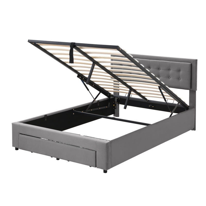 Padded Bed 140190 with Slatted Box Spring And Headboard Storage Bed Hydraulic Padded Double Bed with 2 Drawers Support for Gray Velvet Wood