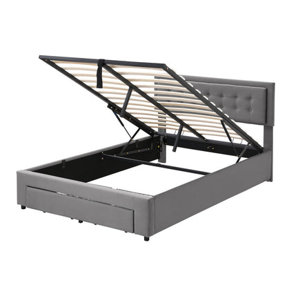 Padded Bed 140190 with Slatted Box Spring And Headboard Storage Bed Hydraulic Padded Double Bed with 2 Drawers Support for Gray Velvet Wood