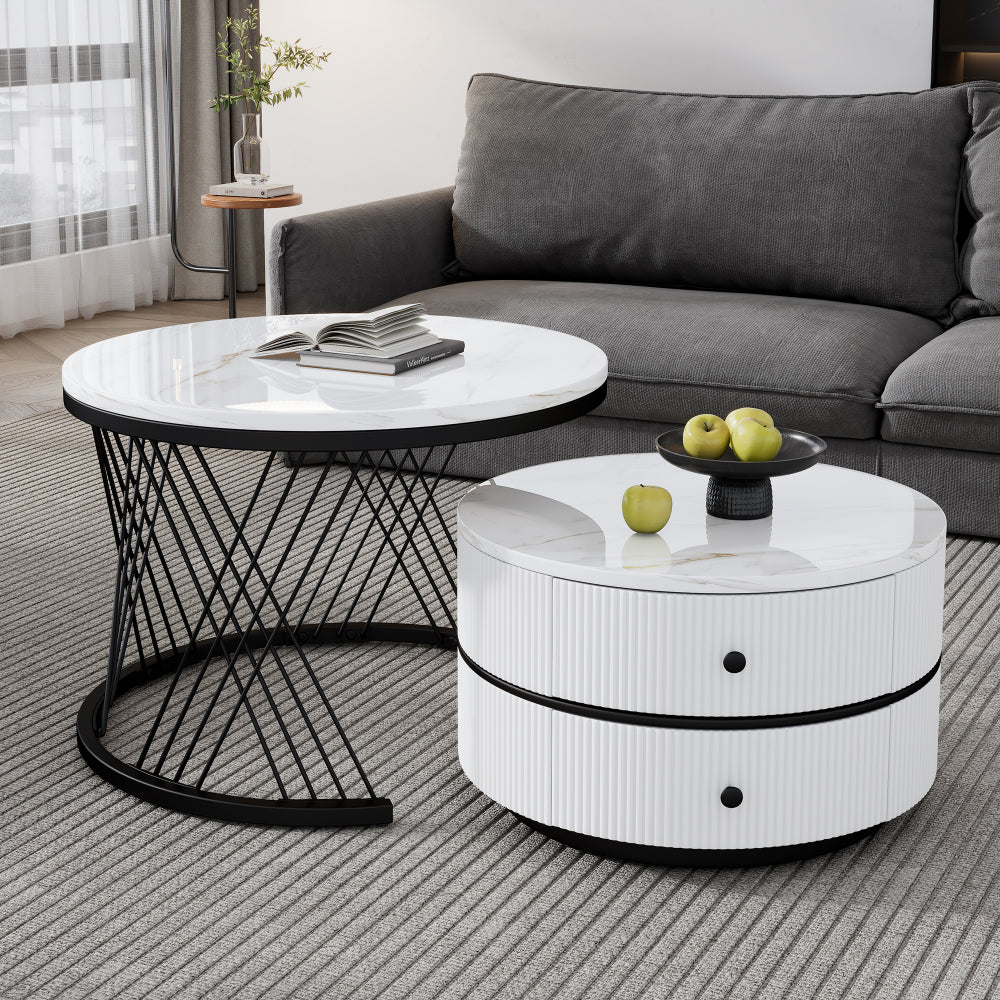 Salontafel – Koffietafel – Bijzettafel – Nesting Tafel – Opbergtafel – Nestbare Set Met Twee Lades – Metalen Frame – Rond Tafelblad – Moderne Design – Ruimtebesparend