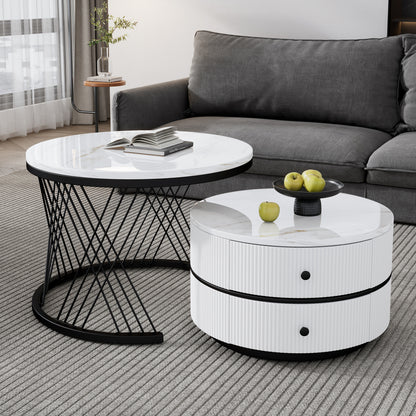 Salontafel – Koffietafel – Bijzettafel – Nesting Tafel – Opbergtafel – Nestbare Set Met Twee Lades – Metalen Frame – Rond Tafelblad – Moderne Design – Ruimtebesparend