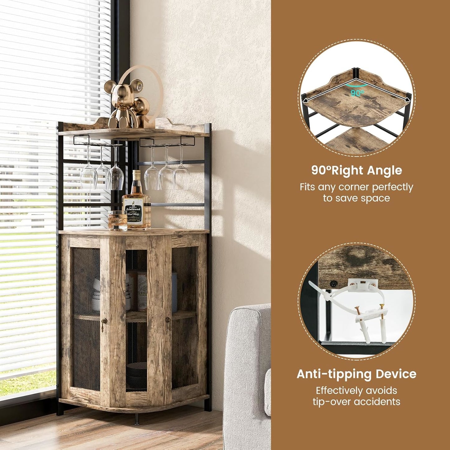 Corner Bar Cabinet with Glass Holder, Industrial Wine Cabinet with Metal Mesh Doors and Adjustable Shelf