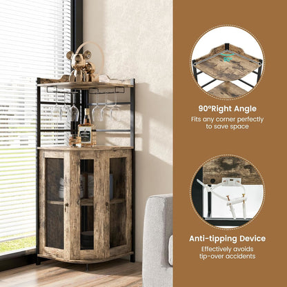 Corner Bar Cabinet with Glass Holder, Industrial Wine Cabinet with Metal Mesh Doors and Adjustable Shelf