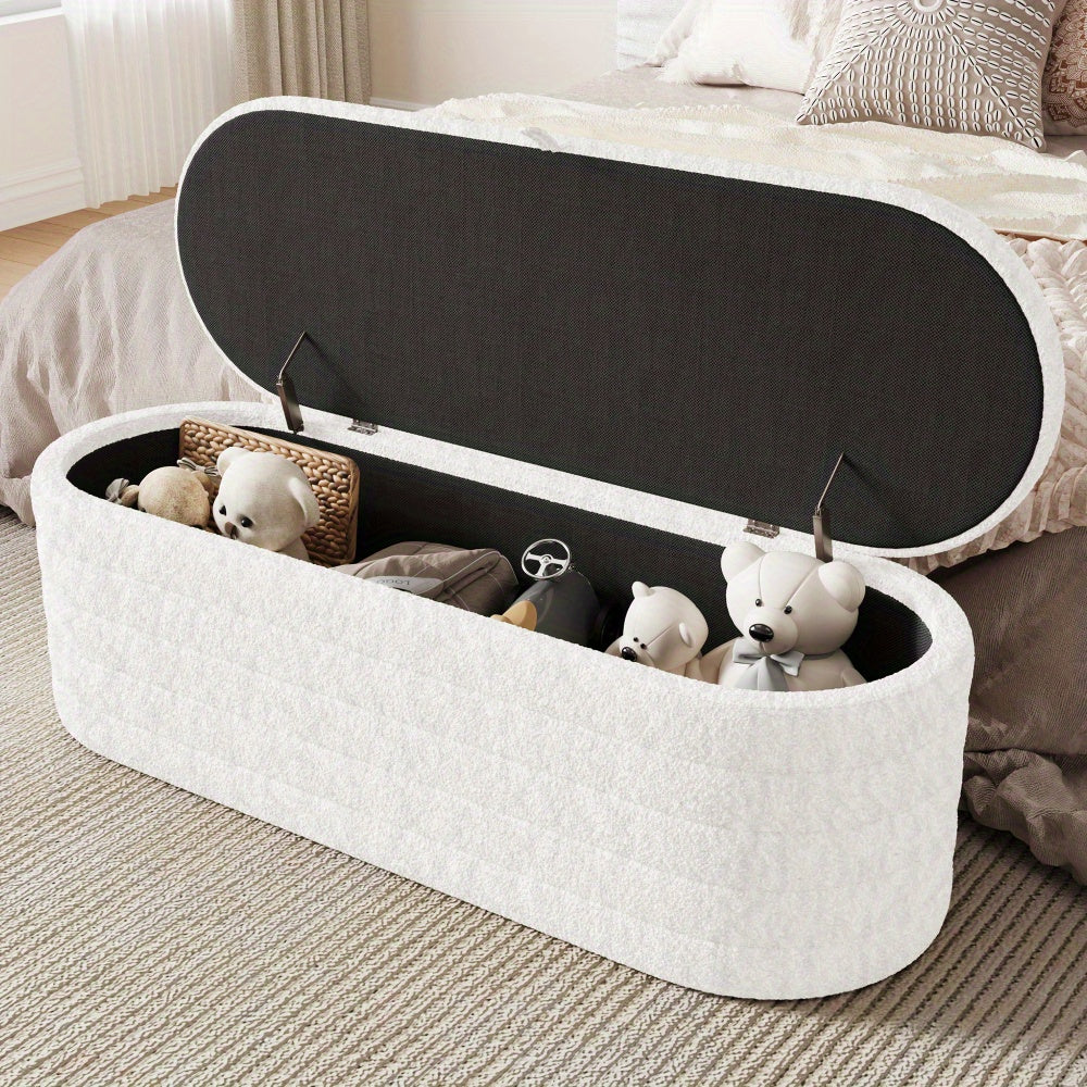 Bankje Met Opbergruimte – Puf – Zitzak – Poef – Hocker – Wit Teddyfleece – 120x40 cm – Zacht En Praktisch