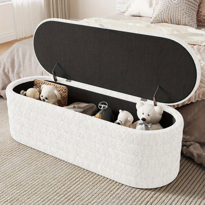 Bankje Met Opbergruimte – Puf – Zitzak – Poef – Hocker – Wit Teddyfleece – 120x40 cm – Zacht En Praktisch