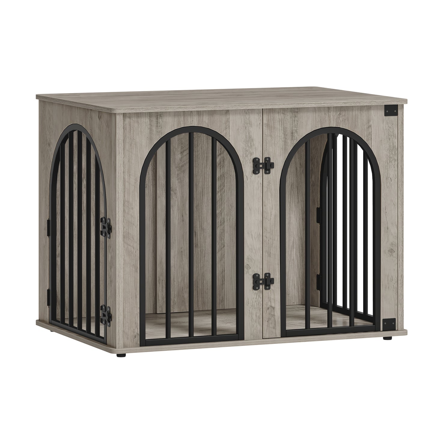 Modern 80cm Large Dog Crate Furniture with 3-Arched Doors & Side Table - Sturdy Iron Construction, Spacious Indoor Kennel for Small to Medium Dogs, Multi-Functional Pet House with Storage, Decorative Design (Grey) - 80x56x61c - QUORE