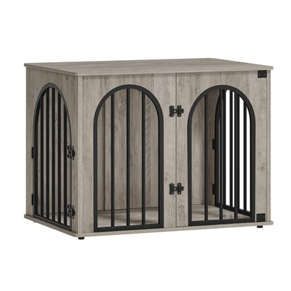 Modern 80cm Large Dog Crate Furniture with 3-Arched Doors & Side Table - Sturdy Iron Construction, Spacious Indoor Kennel for Small to Medium Dogs, Multi-Functional Pet House with Storage, Decorative Design (Grey) - 80x56x61c - QUORE