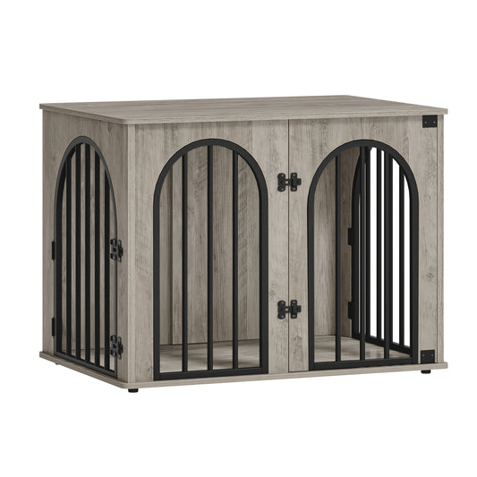 Modern 80cm Large Dog Crate Furniture with 3-Arched Doors & Side Table - Sturdy Iron Construction, Spacious Indoor Kennel for Small to Medium Dogs, Multi-Functional Pet House with Storage, Decorative Design (Grey) - 80x56x61c - QUORE
