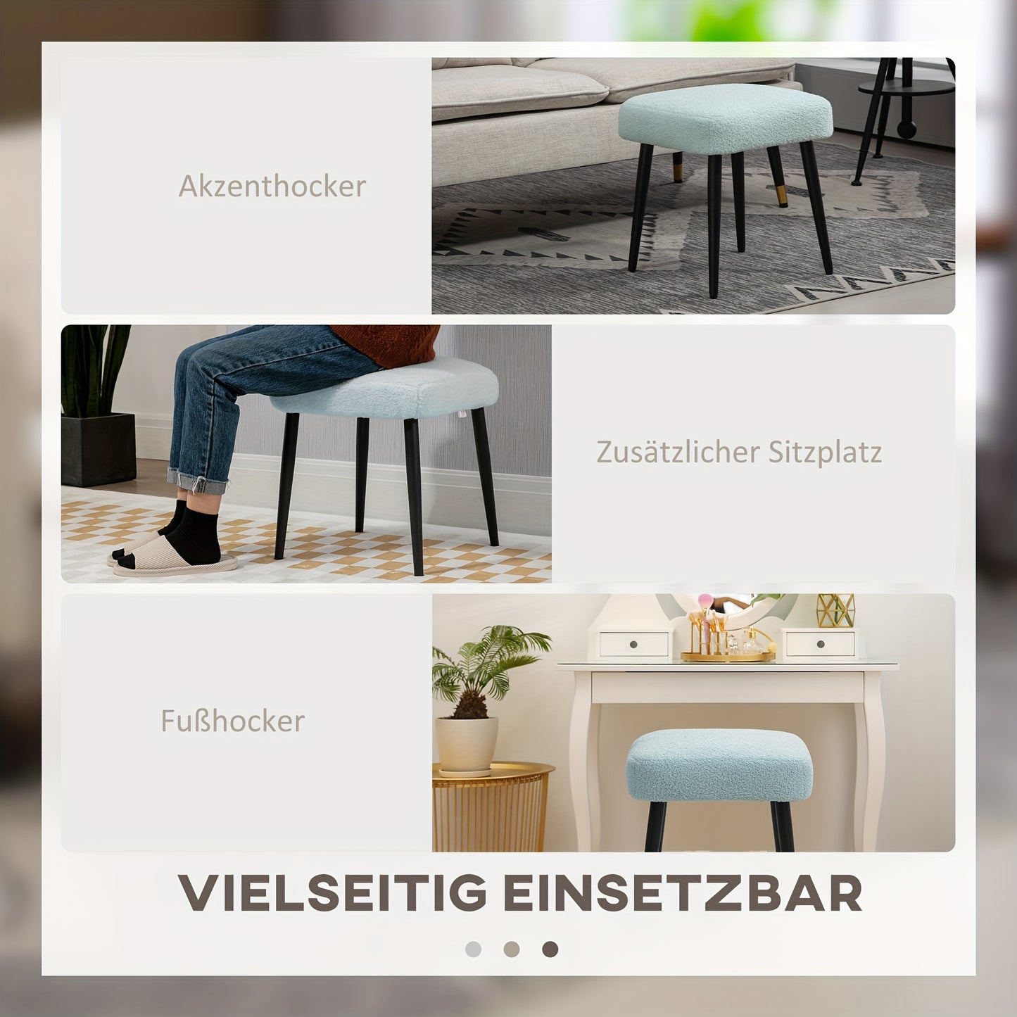 Voetenbankje – Voetensteun – Voetenkrukje – Poef – Vierkante Voetenbank – Lichtblauw – Kasjmier-achtig Materiaal – Stalen Poten