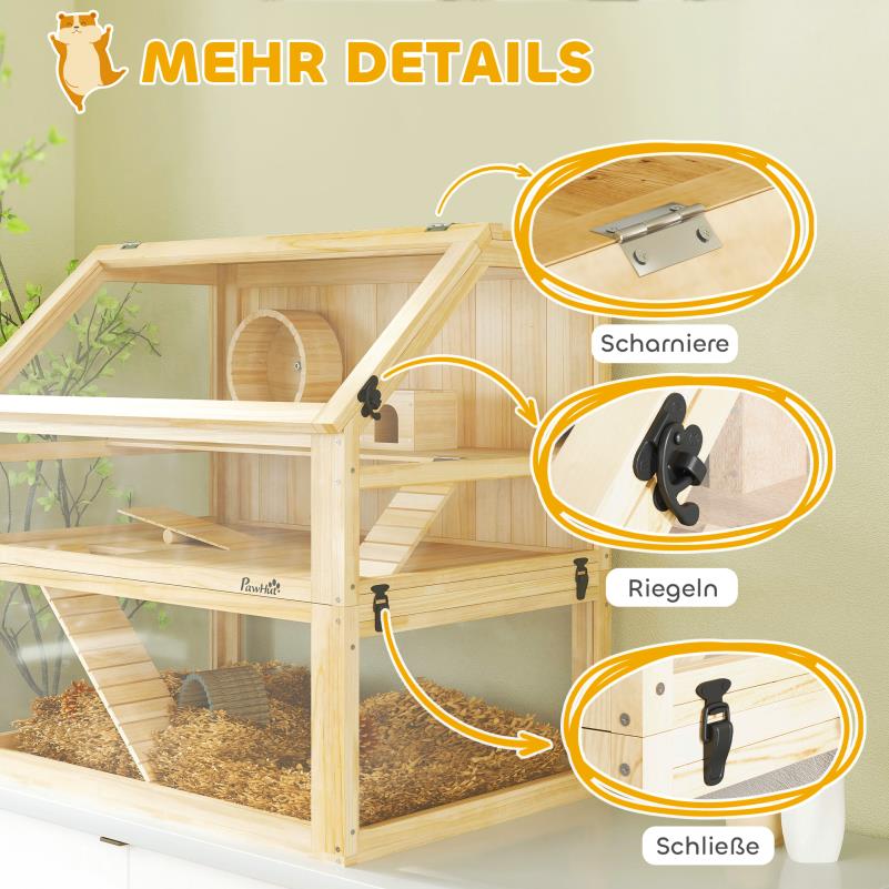 Knaagdierkooi – Hamsterkooi – Gerbilkooi – Muizenkooi – Chinchillakooi – 3-laags Houten Kooi – Ruim Met Loophelling – Natuurlijke Materialen – Goede Ventilatie