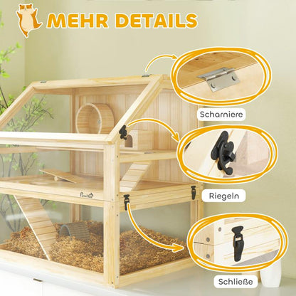 Knaagdierkooi – Hamsterkooi – Gerbilkooi – Muizenkooi – Chinchillakooi – 3-laags Houten Kooi – Ruim Met Loophelling – Natuurlijke Materialen – Goede Ventilatie