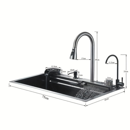 Keukenspoelbak – Spoelbak – Gootsteen – Wasbak – Spoelbakken – RVS – Onderbouw – Waterval Kraan – 76,2x45,97x20,5 cm – Gun Gray