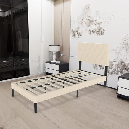 Gestoffeerd Bed – Bedframe – Ledikant – Slaapbed – Tweepersoonsbed – 140x200 cm – Beige Imitatieleer – Stevige Houten Lattenbodem