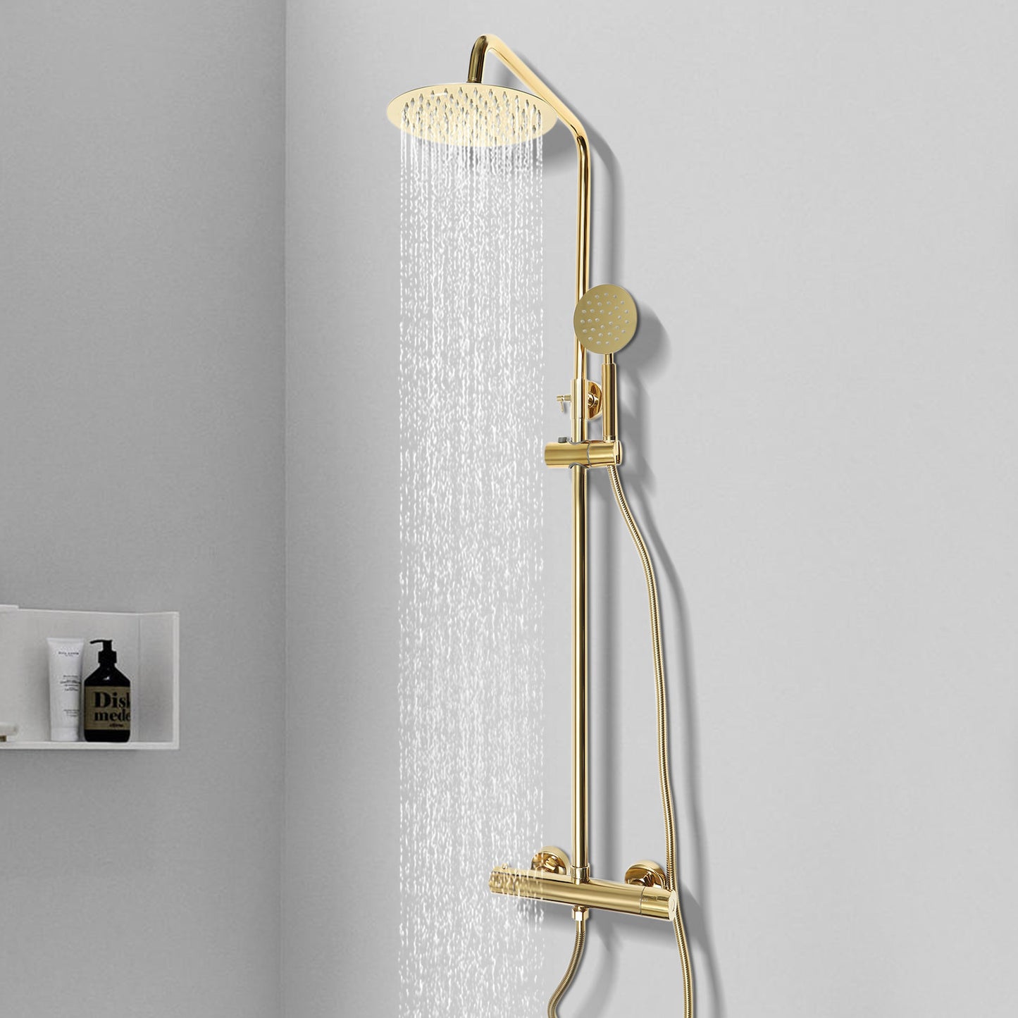 Regendouche Set – Douche Systeem – Douchekolom – Thermostaat Douche – Gouden Regendouche – 20 cm Draaibare Kop – Roestvrij Staal 304
