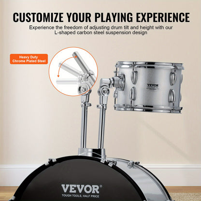 Drumstel – Drumkit – Drums – Percussieset – Slagwerk – 5-delig Compleet – 55,88 cm Bass Drum – Verstelbare Kruk – Zilverkleurig