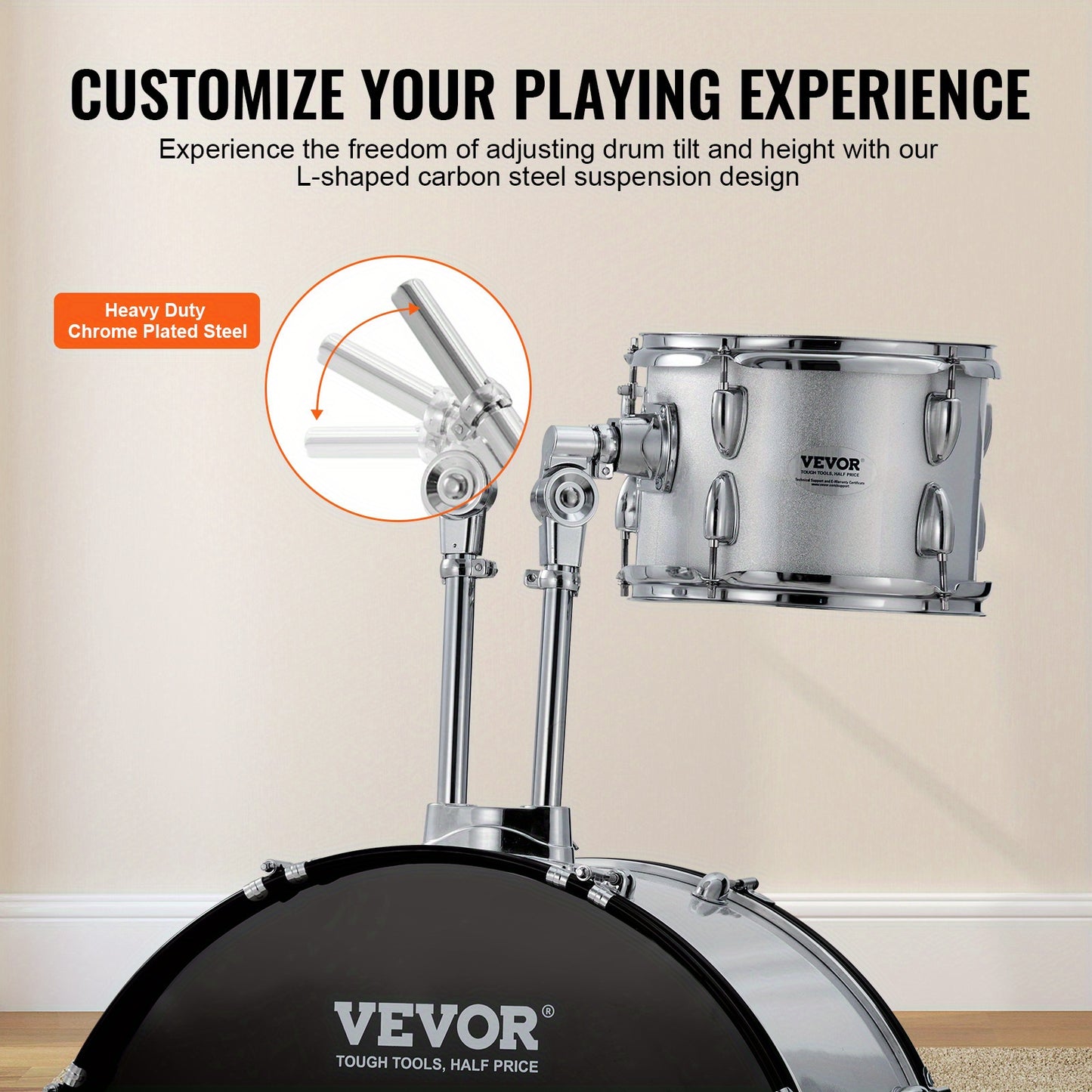 Drumstel – Drums – Schlagwerk – Percussie – Drum Kit – 5-Delig Compleet – Verstelbare Kruk – 55,88 cm Basdrum – Zilverkleurig