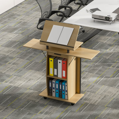 Mobiel Podium – Spreekgestoelte – Presenteertafel – Lecter – Werkplek – Eikenlook Afwerking – Inklapbare Zijpanelen – Lade en Opbergruimte