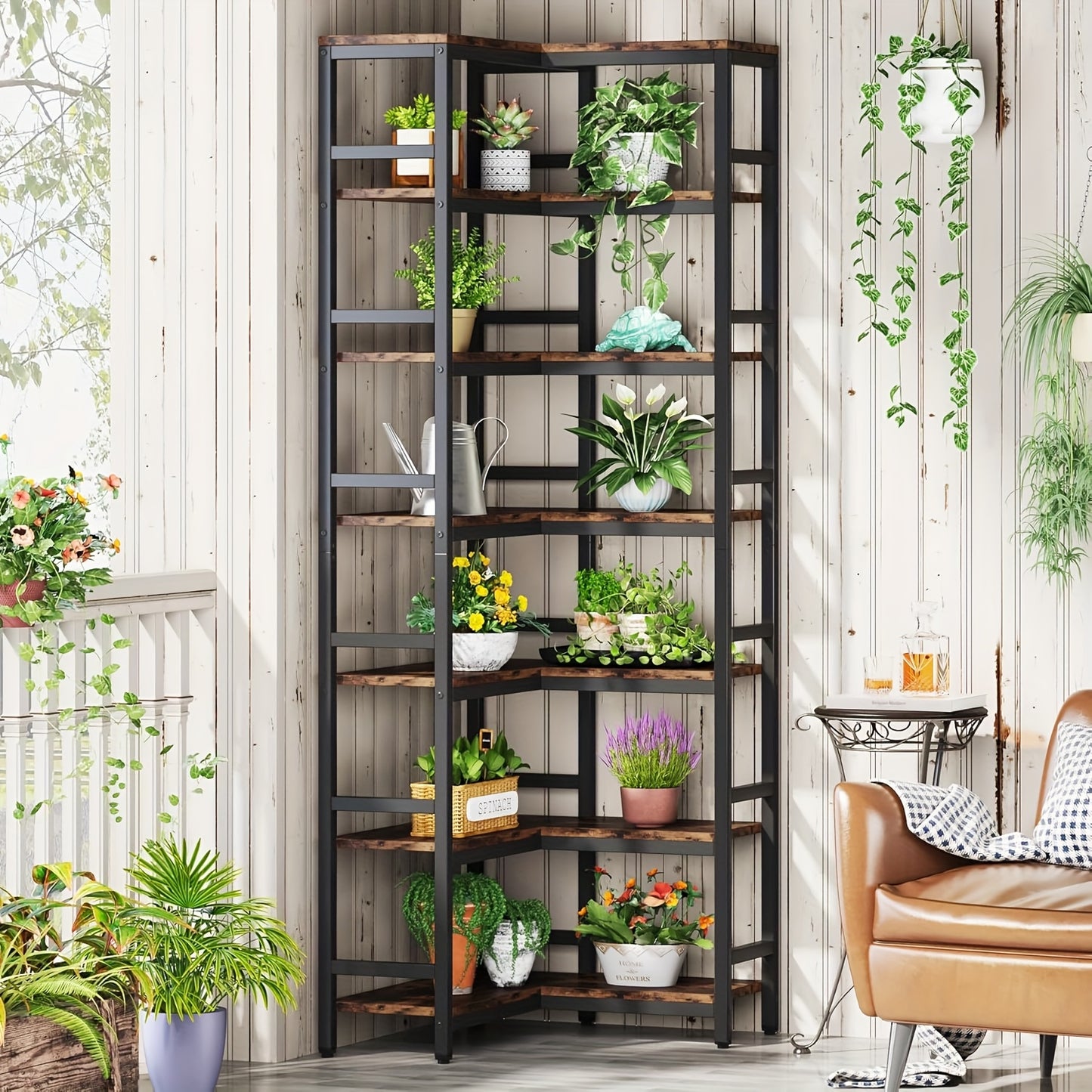 Boekenkast – Boekenrek – Opbergkast – Vakkenkast – Hoekboekenkast – 7 Lagen – Hout Metaal – Vrijstaand – Industrieel Bruin