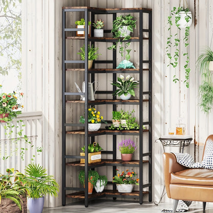Boekenkast – Boekenrek – Opbergkast – Vakkenkast – Hoekboekenkast – 7 Lagen – Hout Metaal – Vrijstaand – Industrieel Bruin