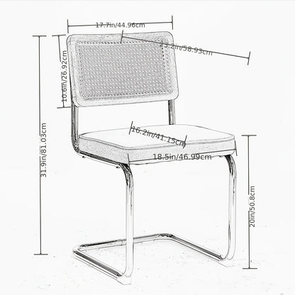 Two-piece Medieval-modern Dining Chair Set | Velvet Upholstered Seats, Natural Rattan Backrests, Stainless Steel Chrome-plated Base in Olive Green, Classic Style, Spot-clean Care