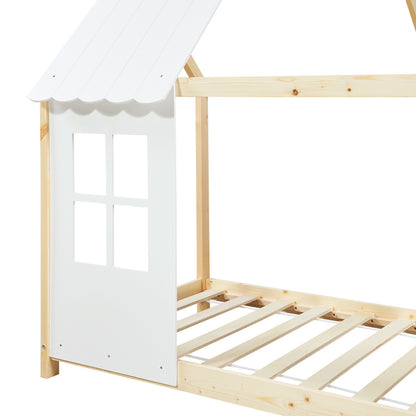 Kinderbed – Huisjesbed – Kinderbedden – Eenpersoonsbed – Speelbed – Massief Hout – Semi-Open Ontwerp – 140x200 cm – Wit