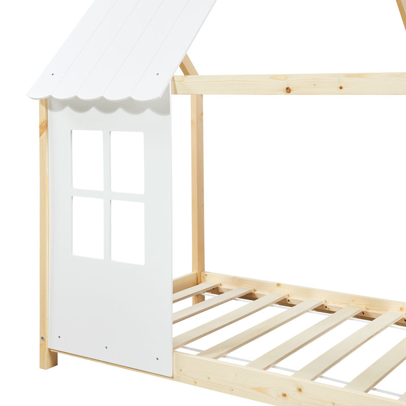 Kinderbed – Kinderbedden – Eenpersoonsbed – Huisbed – Stapelbed – Semi-open Dak – Massief Grenenhout – 140x200 cm Mintgroen/Wit