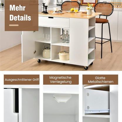 Mobiele Keukenkar – Keukentrolley – Keukenwagen – Serveerwagen – Keukenblok – Uitschuifbaar Werkblad – Veel Opbergruimte – Wit