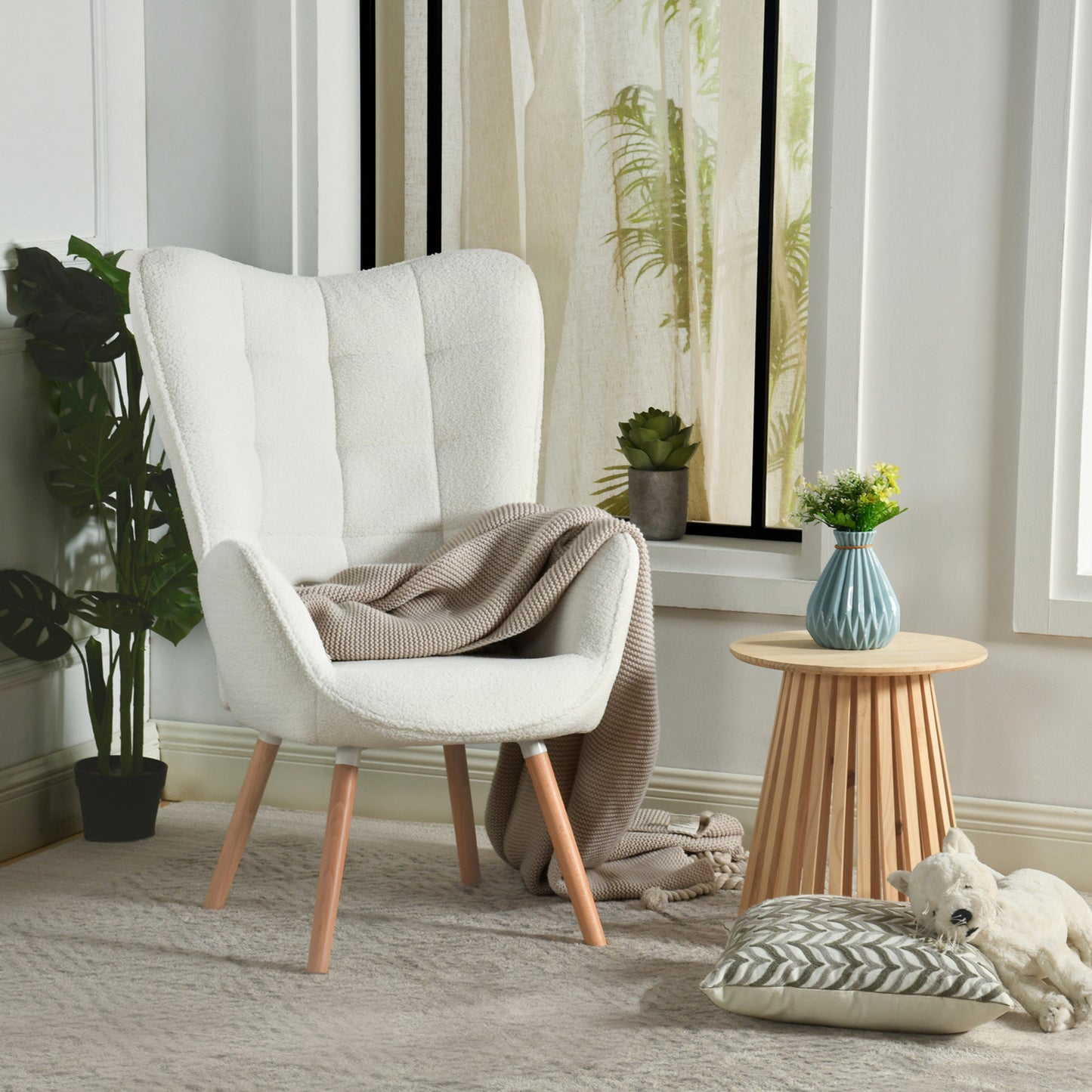 Scandinavische Fauteuil – Leunstoel – Armstoel – Stoel – Zithoekstoel – Witte Stoffering – Gevuld Met Zachte Schuimrug – 66x71x109 cm