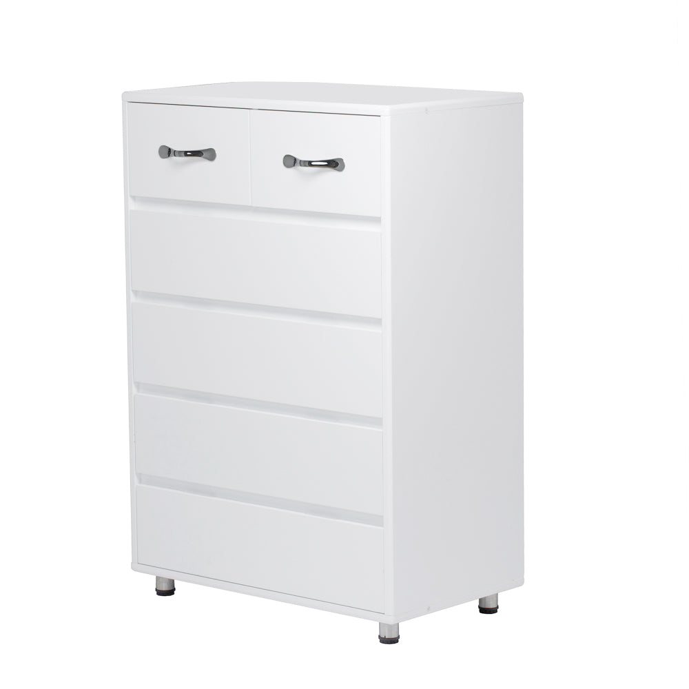 6-Drawer White Modern Minimalist Side Table with Black-Tipped Latches - Heavy-Duty Non-Wood, Easy Assembly, Compact Multi-Drawer Organizer for Bedroom,, Office - Durable White Furniture