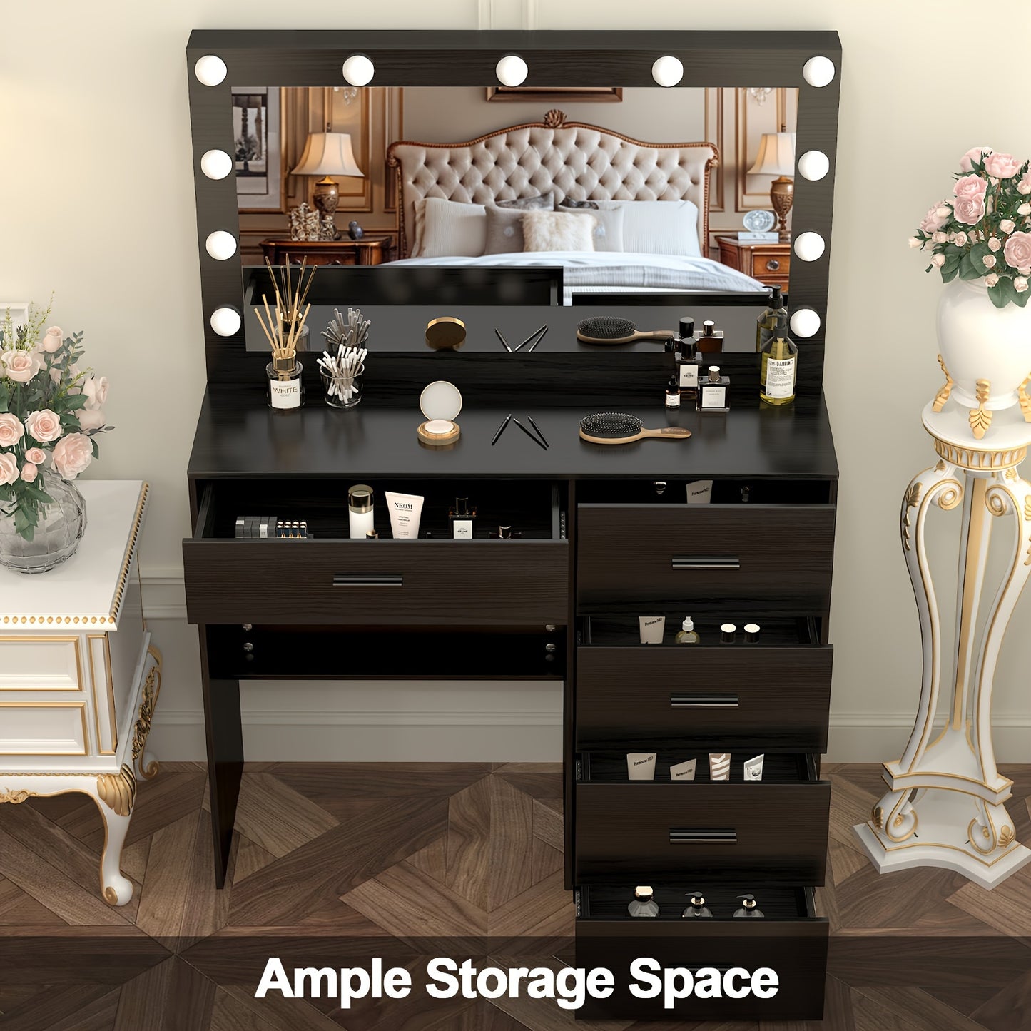 Kaptafel – Make-up Tafel – Dressing Table – Cosmeticatafel – Kapcommode – Massief Houten Zwart – Verlichte Spiegel Met 3 Lichtstanden – Ruime Lades