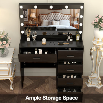 Kaptafel – Make-up Tafel – Dressing Table – Cosmeticatafel – Kapcommode – Massief Houten Zwart – Verlichte Spiegel Met 3 Lichtstanden – Ruime Lades