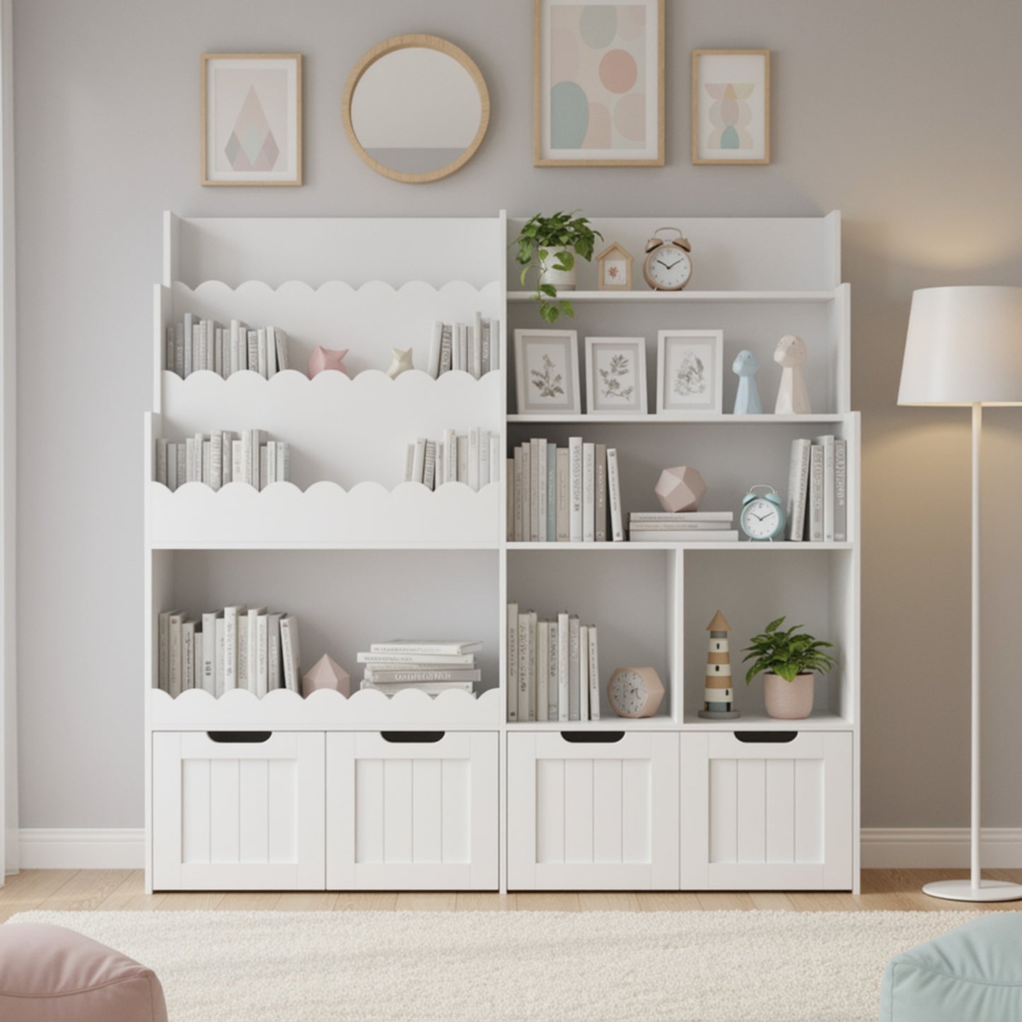 Boekenrek – Boekenplank – Wandplank – Boekenhouder – Opbergmeubel – Wit – Wieltjes Voor Mobiliteit – Golvend Plankontwerp
