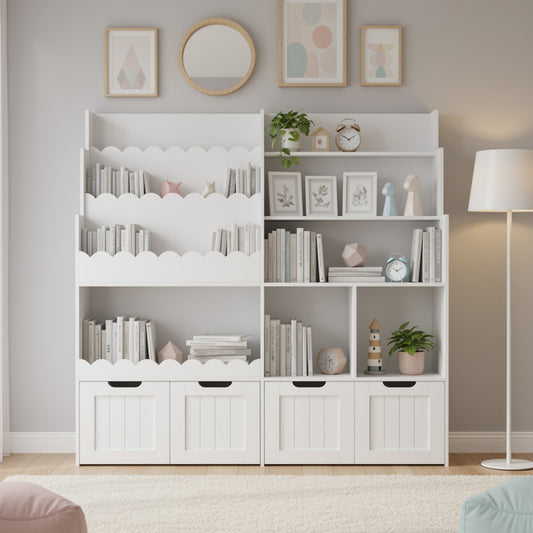 Boekenrek – Boekenplank – Wandplank – Boekenhouder – Opbergmeubel – Wit – Wieltjes Voor Mobiliteit – Golvend Plankontwerp