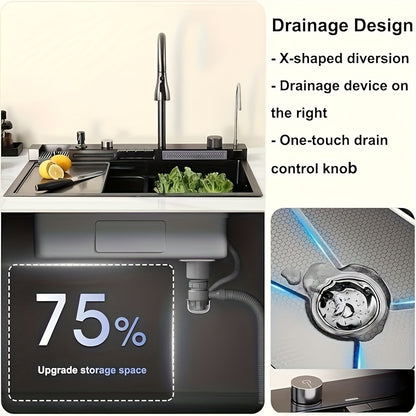 Dubbele Spoelbak – Keukenspoelbak – RVS Spoelbak – Onderbouw Spoelbak – Gootsteen – 68x45x22 cm – RVS Gunmetal Grijs – 3-in-1 Kraan Met LED Temperatuurdisplay