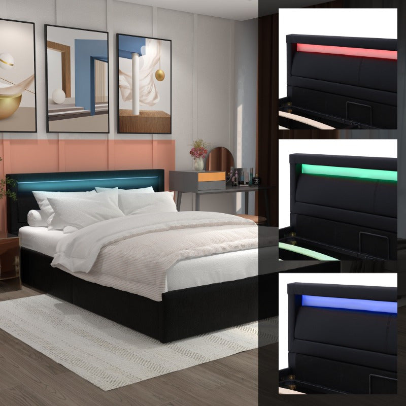 Gestoffeerd Tweepersoonsbed – Opbergbed – Bedframe – Platformbed – Slaapkader – 140x200 cm – Stevig Metaal & Luxe Linnen Hoofdbord