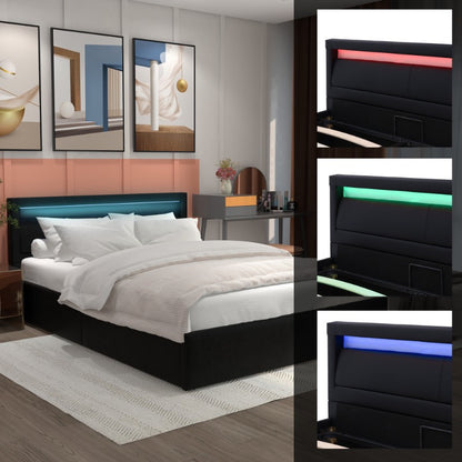 Gestoffeerd Tweepersoonsbed – Opbergbed – Bedframe – Platformbed – Slaapkader – 140x200 cm – Stevig Metaal & Luxe Linnen Hoofdbord