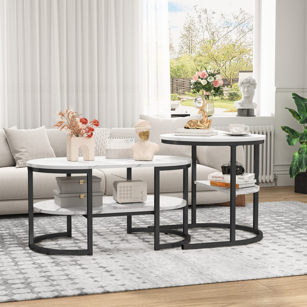 Salontafel Set – Woonkamertafel – Koffietafel – Bijzettafel – Opbergbank – Ronde en Ovale Tafels – Houten Blad met Metaal Frame – Dubbele Opbergruimte