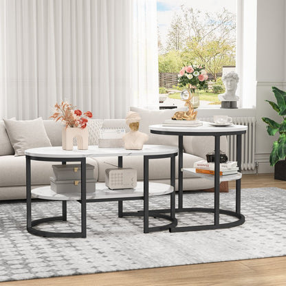 Salontafel Set – Woonkamertafel – Koffietafel – Bijzettafel – Opbergbank – Ronde en Ovale Tafels – Houten Blad met Metaal Frame – Dubbele Opbergruimte