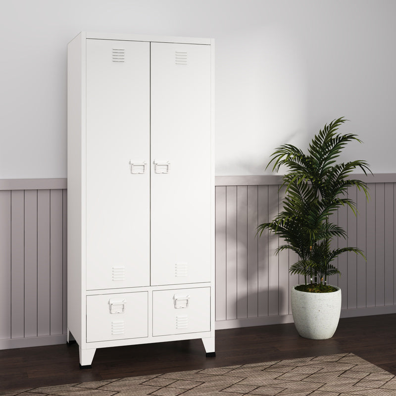 Stalen Kledingkast – Garderobekast – Kledingkast Met Laden – Opbergkast – Industrieel Design – Wit Gelakt Staal – 180 x 90 x 40 cm – Ruime Bergruimte – Stevige Constructie