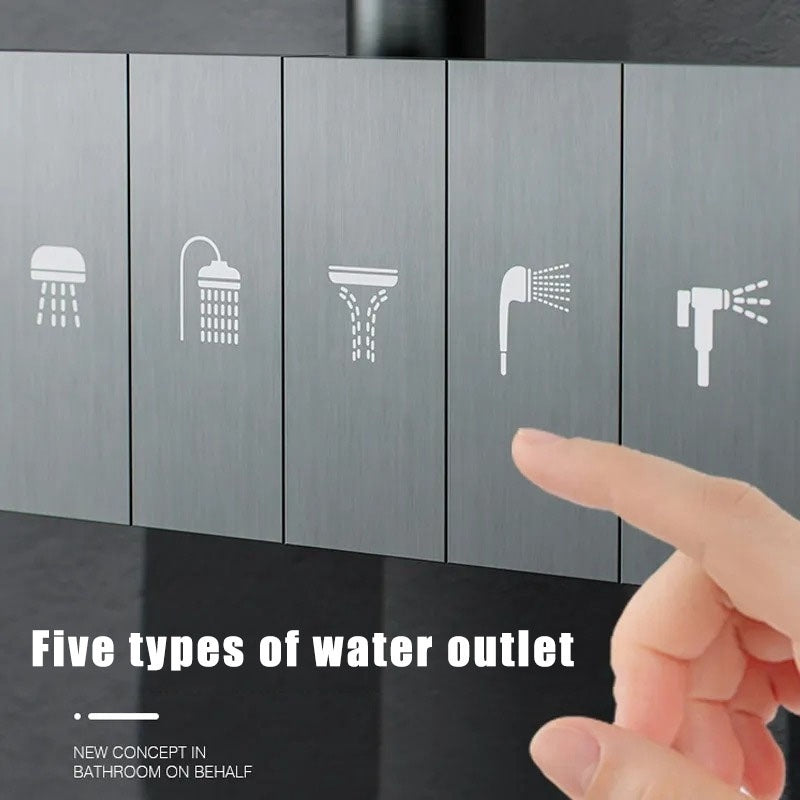 Slimme Douche Systemen – Digitale Douchekraan – Regen Douchekop – Waterval Kraan – Wandgemonteerd Bad Set – 5 Snelheden & Temperatuur Instelbaar – Real-Time Display (Gun Grijs)