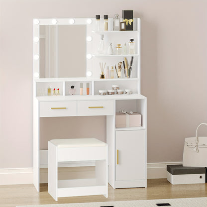 Dressing Table with Stool, with Mirror And 10 LED Lights, Adjustable Brightness, Dressing Table with 2 Drawers & 1 Cabinet, White