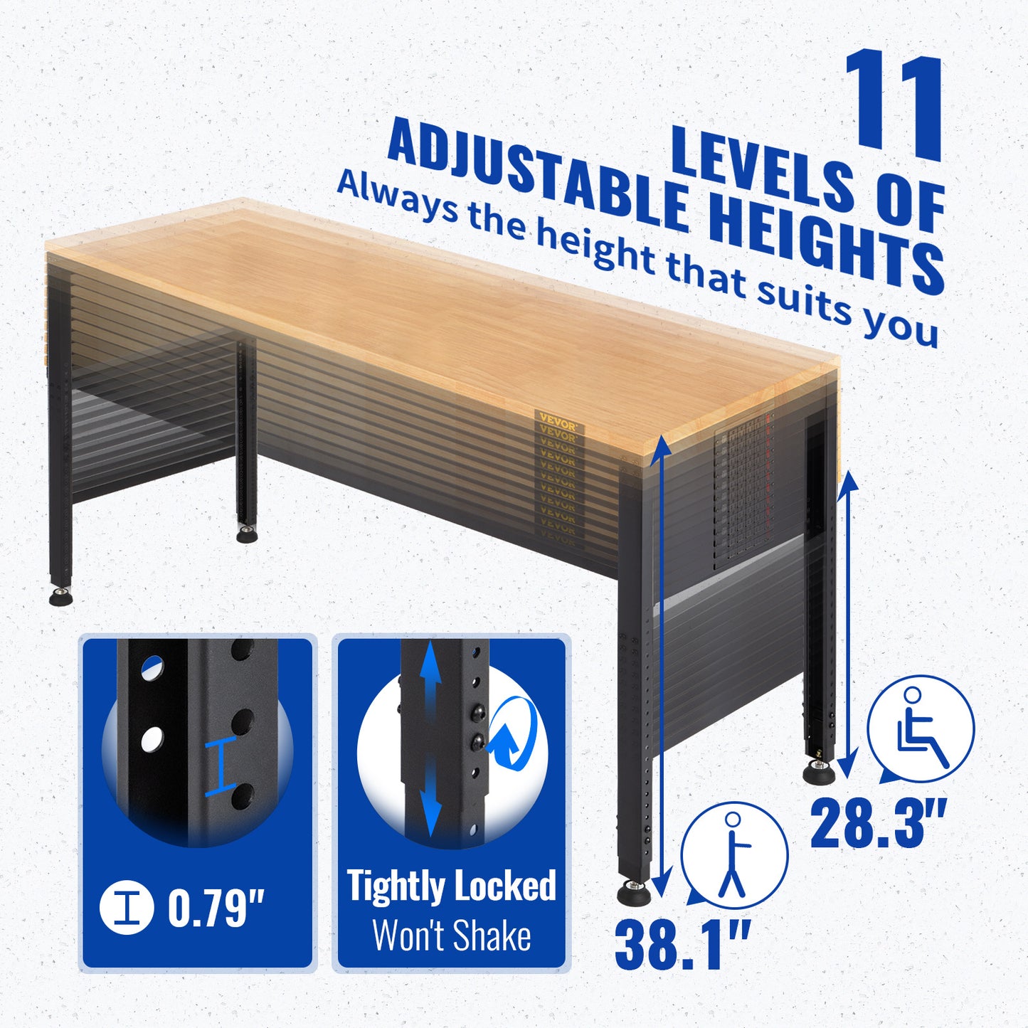 Werkbank – Werktafel – Klusbank – Werkplek – Verstelbare Hoogte – Massief Houten Blad 48"x20" – Stopcontacten en USB Poorten